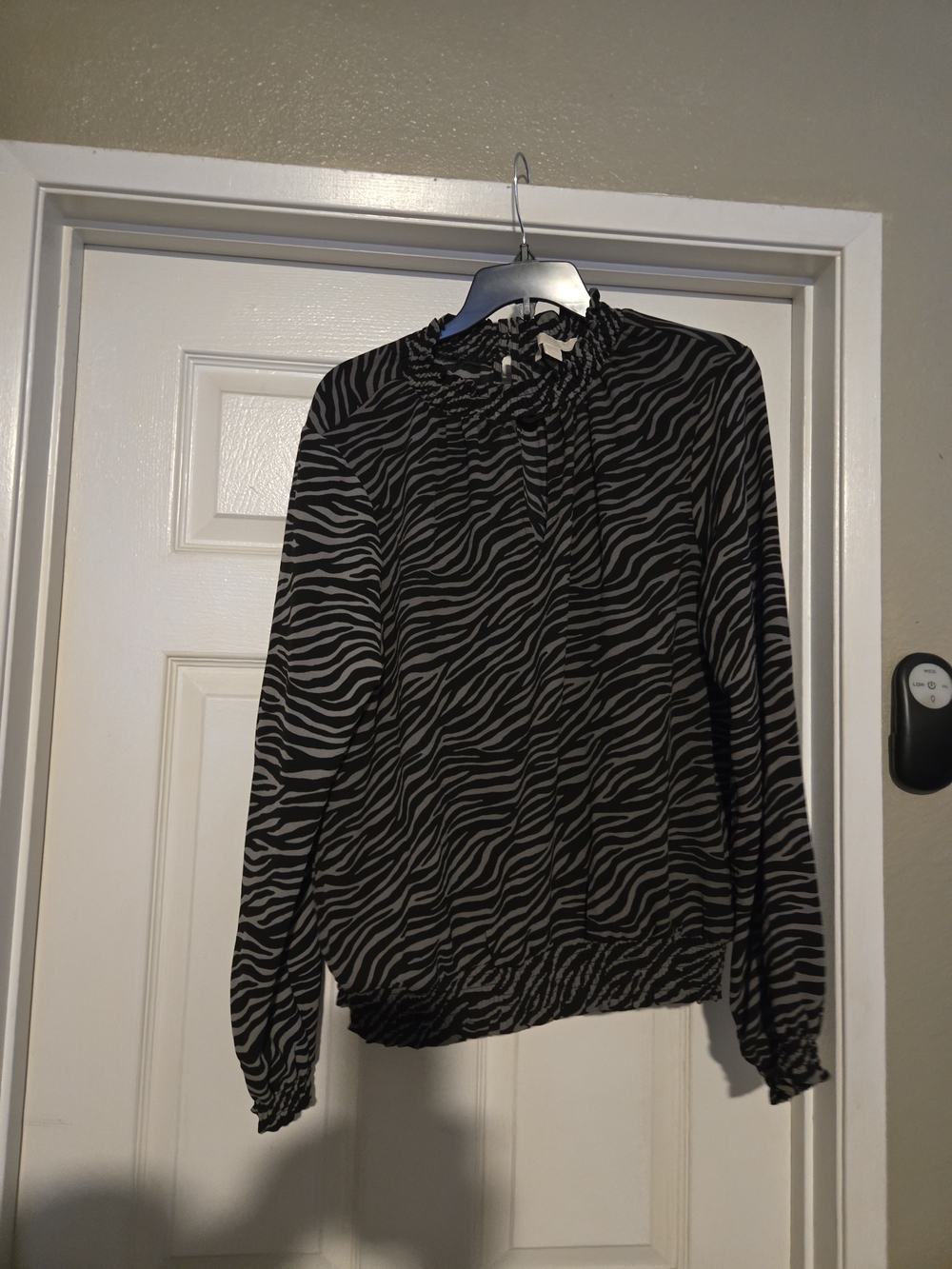 Michael Kors Black and Gray Zebra-Print Ruffle-Neck Blouse